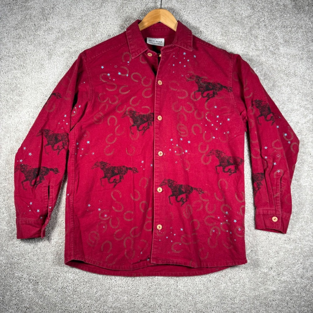 Blue Rose Handprinted Western Horse Horseshoe Shirt Women's M Red Long Sleeve
